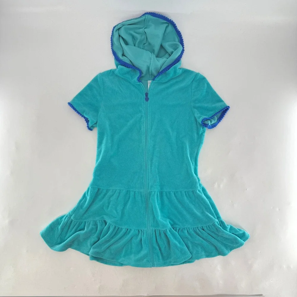 Cat Jack Turquoise Terry Cloth Hooded Cover Up Dress Kids Size L‎ 10 12